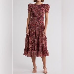 Vince Camuto Boho Print Midi Dress w/ Pockets Semi-Sheer Sleeves – Size 8 NWT